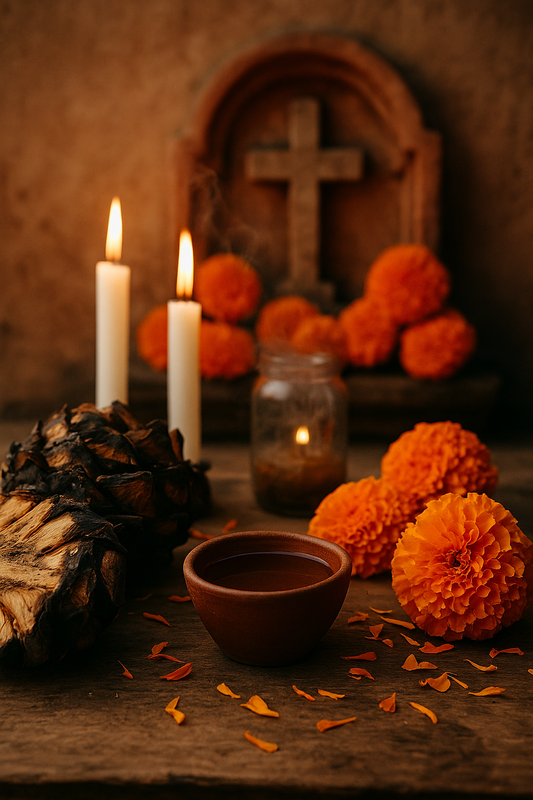 Mezcal copita on Day of the Dead altar with marigolds, candles, roasted agave, and cultural offerings."